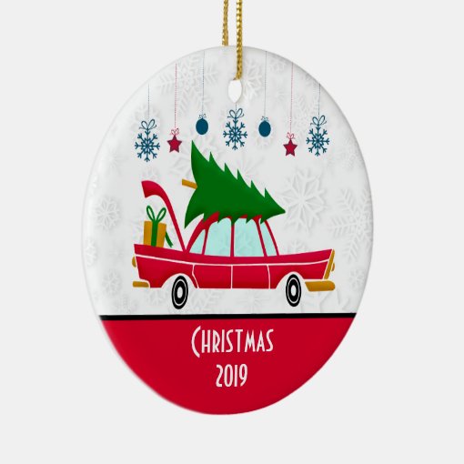 Retro Red Car Carrying a Christmas Tree Ceramic Ornament | Zazzle