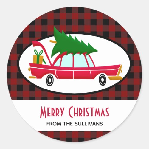 Retro Red Car Carrying a Christmas Tree Classic Round Sticker