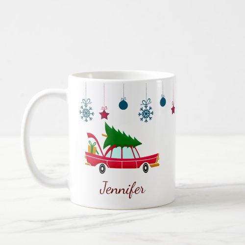 Retro Red Car Carrying a Christmas Tree Coffee Mug