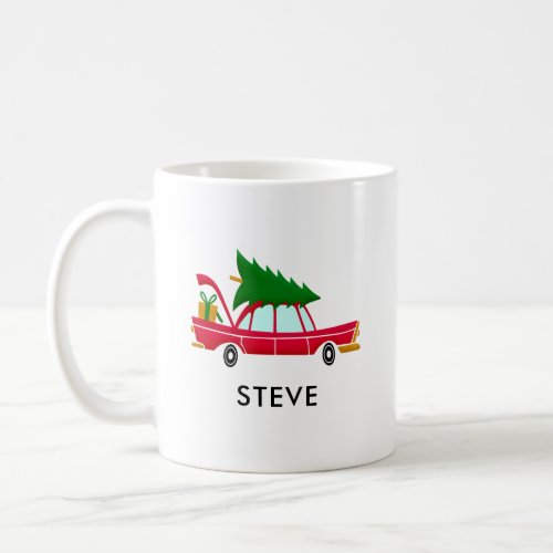 Retro Red Car Carrying a Christmas Tree Coffee Mug