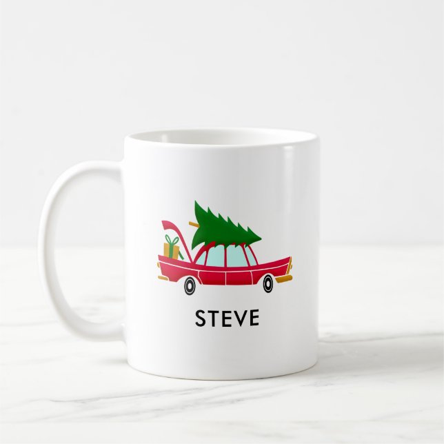 Retro Red Car Carrying a Christmas Tree Coffee Mug (Left)