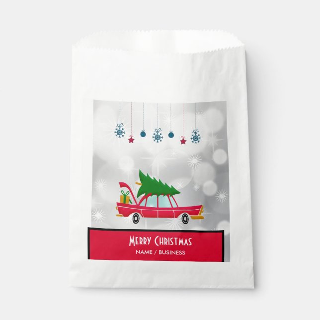 Retro Red Car Carrying a Christmas Tree Favor Bag (Front)