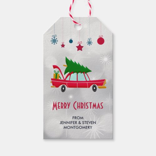 Retro Red Car Carrying a Christmas Tree Gift Tags