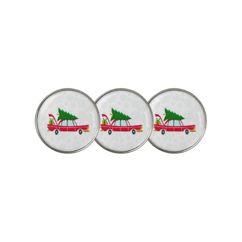 Retro Red Car Carrying a Christmas Tree Golf Ball Marker