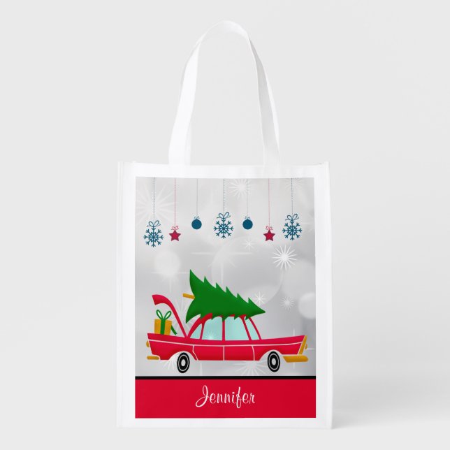 Retro Red Car Carrying a Christmas Tree Grocery Bag (Front)