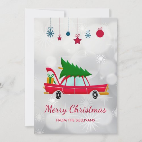 Retro Red Car Carrying a Christmas Tree Holiday Card