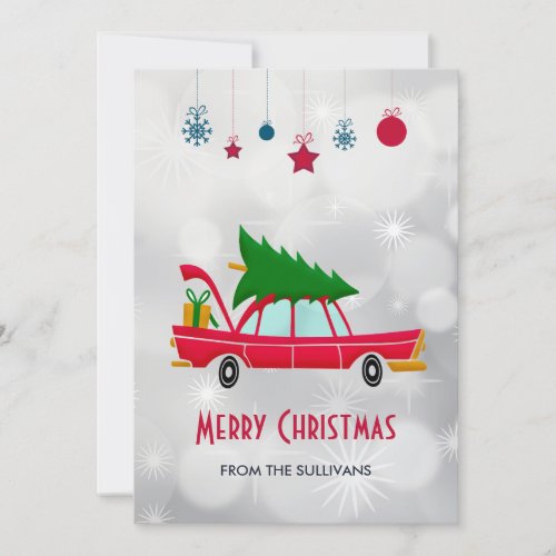 Retro Red Car Carrying a Christmas Tree Holiday Card