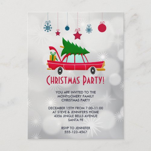 Retro Red Car Carrying a Christmas Tree Invite