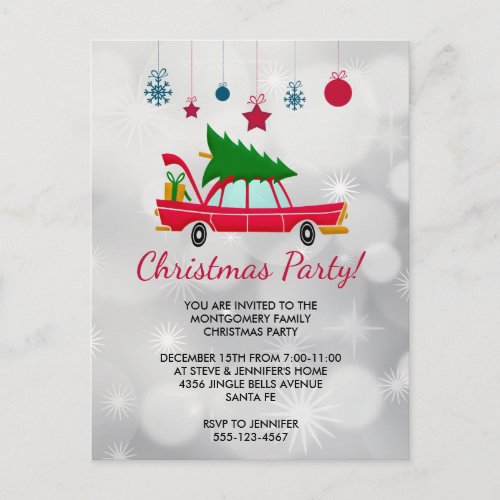 Retro Red Car Carrying a Christmas Tree Invite