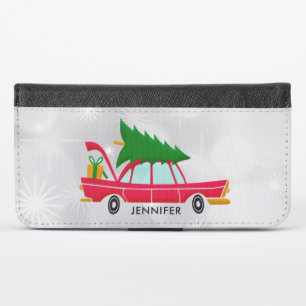 Retro Red Car Carrying a Christmas Tree iPhone X Wallet Case