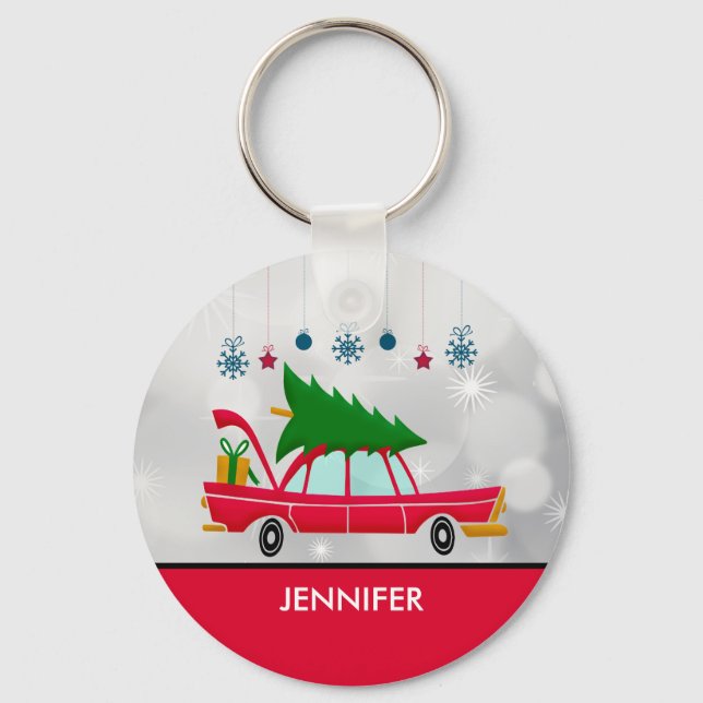 Retro Red Car Carrying a Christmas Tree Keychain (Front)