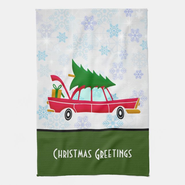 Retro Red Car Carrying a Christmas Tree Kitchen Towel (Vertical)