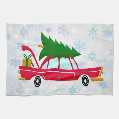 Retro Red Car Carrying a Christmas Tree Kitchen Towel