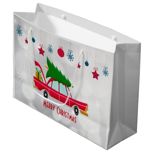 Retro Red Car Carrying a Christmas Tree Large Gift Bag