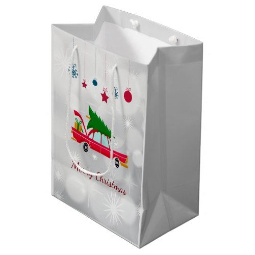 Retro Red Car Carrying a Christmas Tree Medium Gift Bag