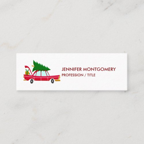 Retro Red Car Carrying a Christmas Tree Mini Business Card