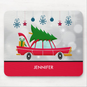 Retro Red Car Carrying a Christmas Tree Mouse Pad