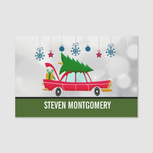 Retro Red Car Carrying a Christmas Tree Name Tag