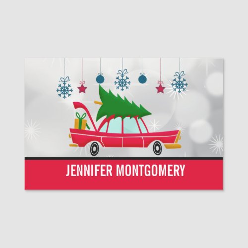 Retro Red Car Carrying a Christmas Tree Name Tag