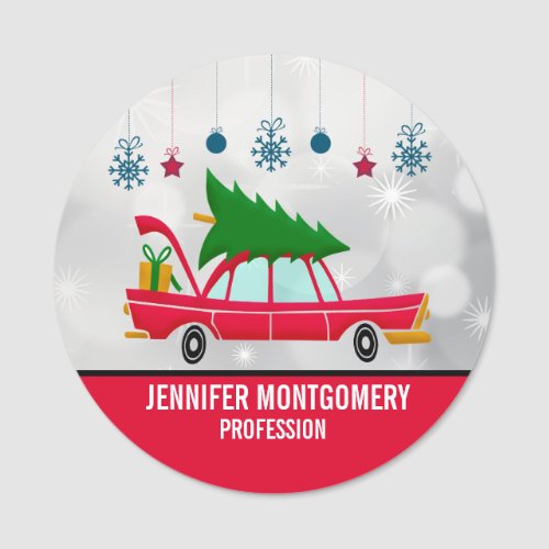 Retro Red Car Carrying a Christmas Tree Name Tag