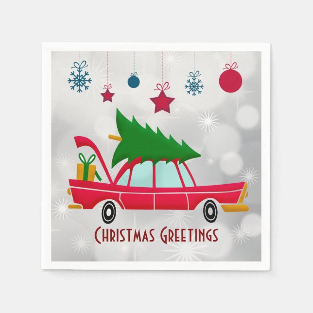 Retro Red Car Carrying a Christmas Tree Napkins (Front)