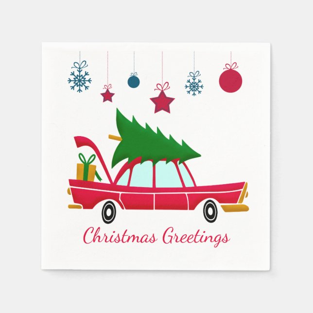 Retro Red Car Carrying a Christmas Tree Napkins (Front)