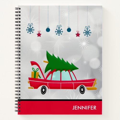 Retro Red Car Carrying a Christmas Tree Notebook