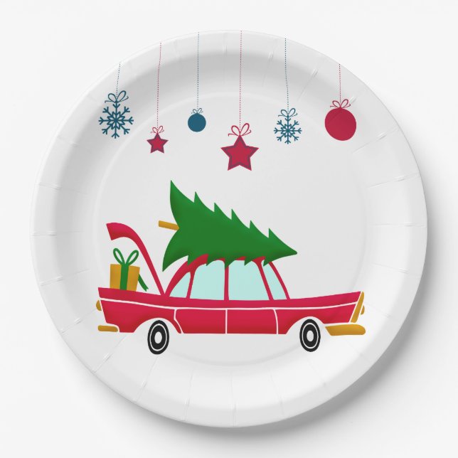 Retro Red Car Carrying a Christmas Tree Paper Plates (Front)