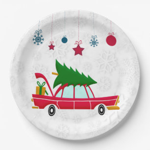 Retro Red Car Carrying a Christmas Tree Paper Plates