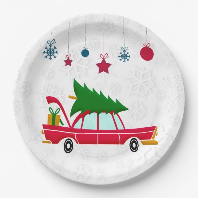 Retro Red Car Carrying a Christmas Tree Paper Plates (Front)