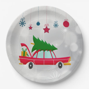 Retro Red Car Carrying a Christmas Tree Paper Plates