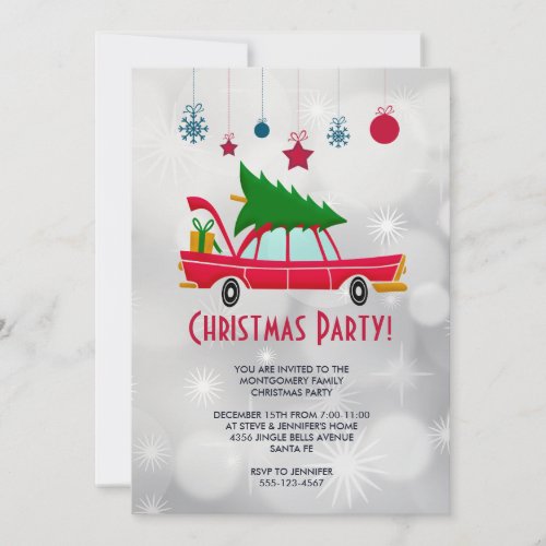 Retro Red Car Carrying a Christmas Tree Party Invitation