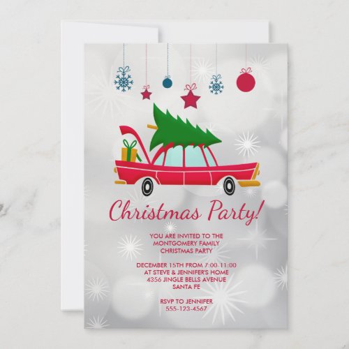 Retro Red Car Carrying a Christmas Tree Party Invitation