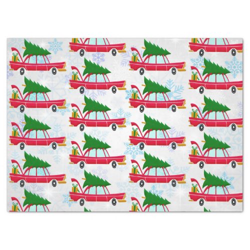 Retro Red Car Carrying a Christmas Tree Pattern Tissue Paper