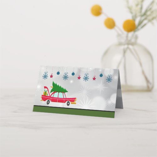 Retro Red Car Carrying a Christmas Tree Place Card