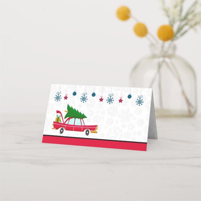 Retro Red Car Carrying a Christmas Tree Place Card (Front)