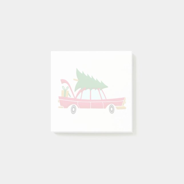 Retro Red Car Carrying a Christmas Tree Post-it Notes (Front)