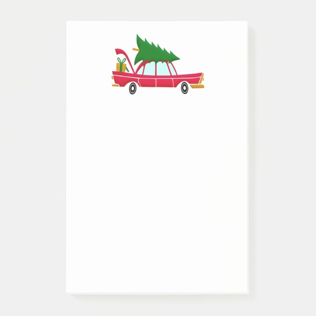 Retro Red Car Carrying a Christmas Tree Post-it Notes (Front)
