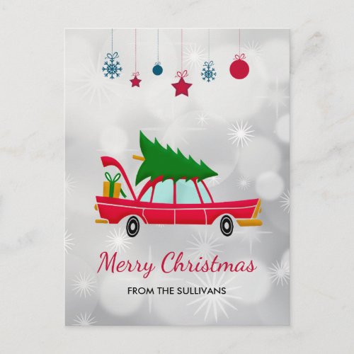 Retro Red Car Carrying a Christmas Tree Postcard