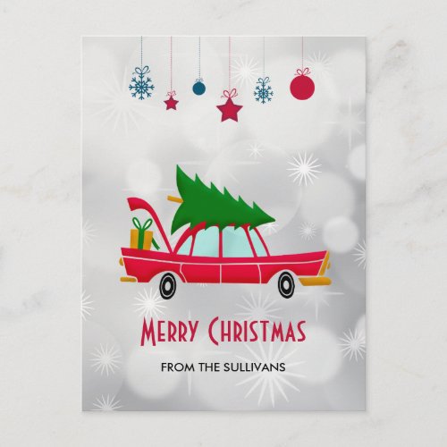 Retro Red Car Carrying a Christmas Tree Postcard