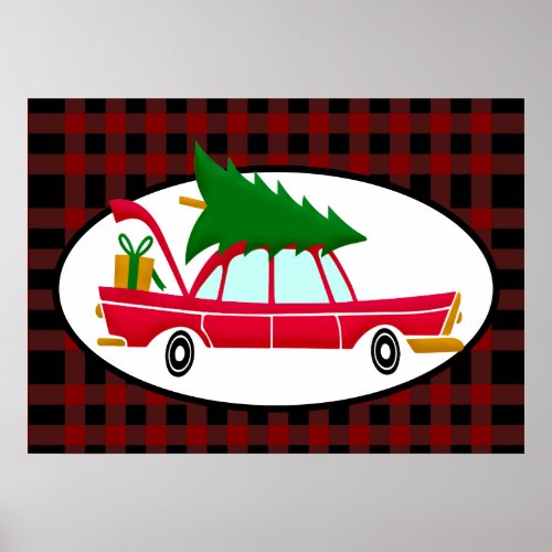 Retro Red Car Carrying a Christmas Tree Poster