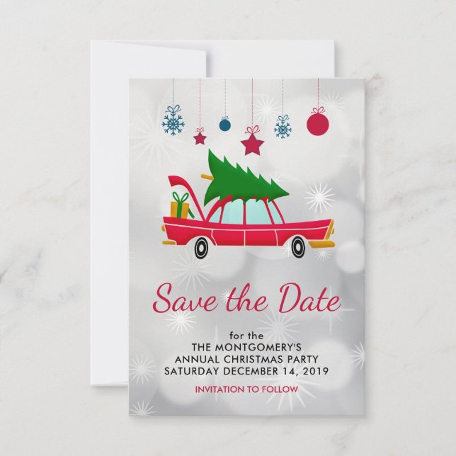 Retro Red Car Carrying a Christmas Tree Save The Date (Front)