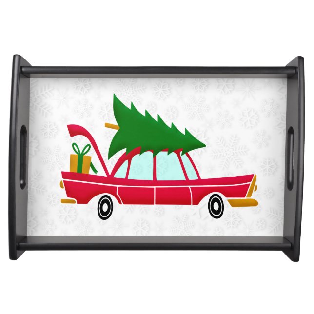 Retro Red Car Carrying a Christmas Tree Serving Tray (Front)