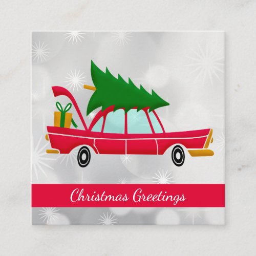 Retro Red Car Carrying a Christmas Tree Square Business Card