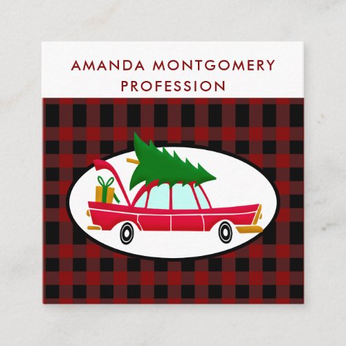 Retro Red Car Carrying a Christmas Tree Square Business Card