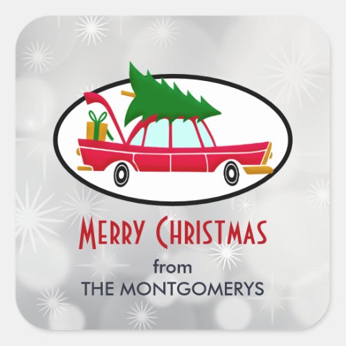 Retro Red Car Carrying a Christmas Tree Square Sticker