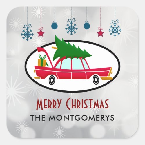 Retro Red Car Carrying a Christmas Tree Square Sticker