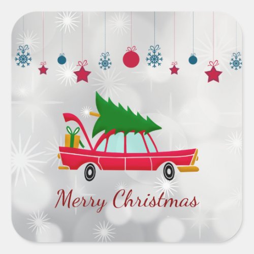 Retro Red Car Carrying a Christmas Tree Square Sticker