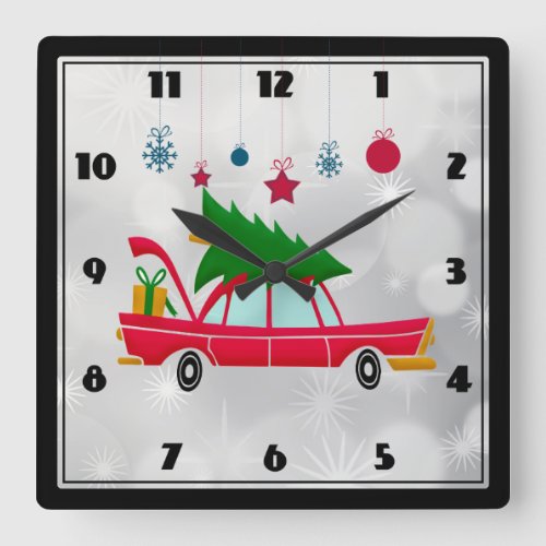 Retro Red Car Carrying a Christmas Tree Square Wall Clock