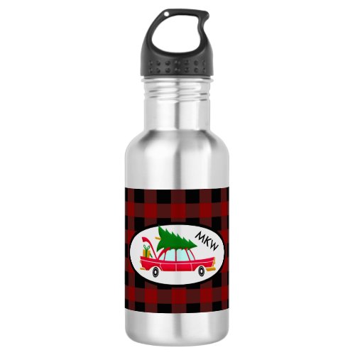 Retro Red Car Carrying a Christmas Tree Stainless Steel Water Bottle